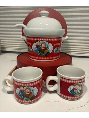 Vintage Campbell's Soup Ceramic Set with Covered Soup Bowl, Ladle, and Two Mugs